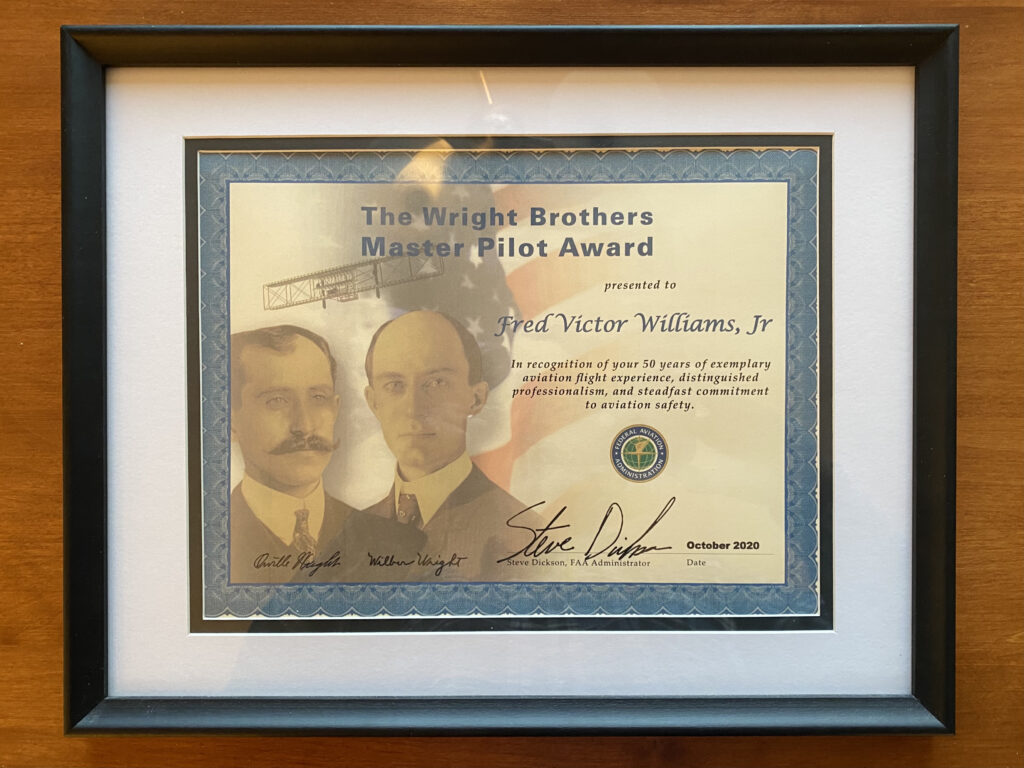 My father's Wright Brothers Master Pilot Award. He flew airplanes for more than 53 years, retiring from the controls at the age of eighty-four.